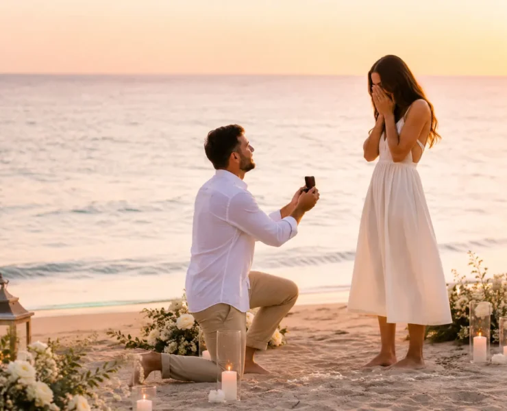 Pedida de mano romántica en una playa de Gran Canaria al atardecer