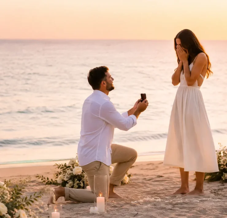Pedida de mano romántica en una playa de Gran Canaria al atardecer