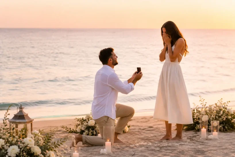 Pedida de mano romántica en una playa de Gran Canaria al atardecer