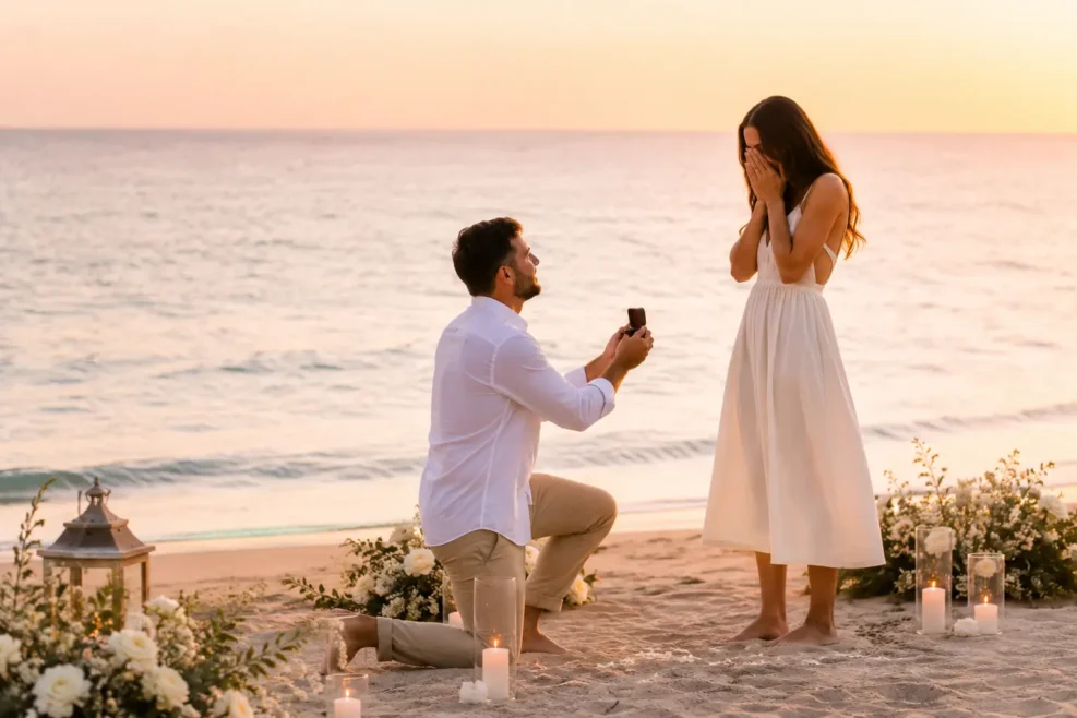 Pedida de mano romántica en una playa de Gran Canaria al atardecer